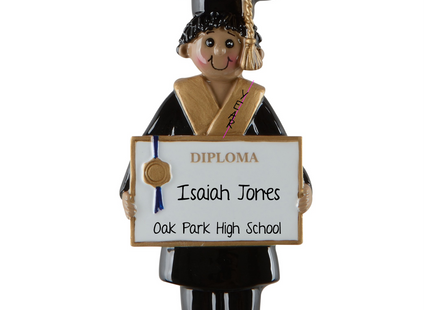 Personalized African American graduation diploma Christmas ornament with graduate's name, school name, and graduation year.