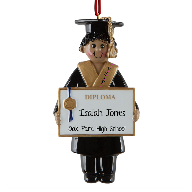 Personalized African American graduation diploma Christmas ornament with graduate's name, school name, and graduation year.