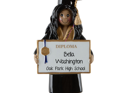 Personalized African American graduation girl Christmas ornament with diploma, graduate's name, school name, and graduation year.