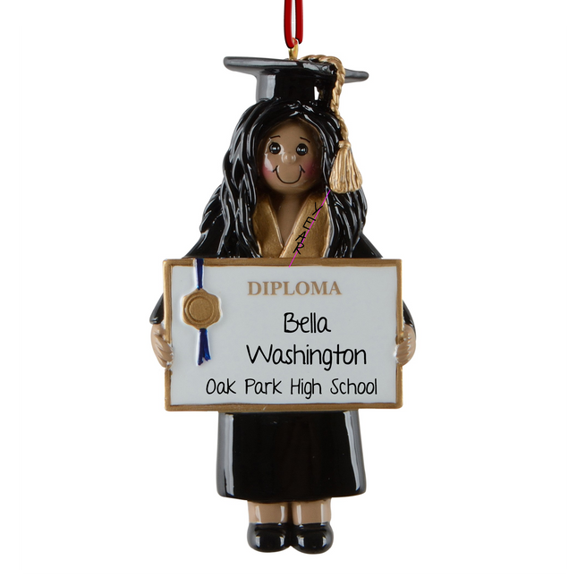 Personalized African American graduation girl Christmas ornament with diploma, graduate's name, school name, and graduation year.