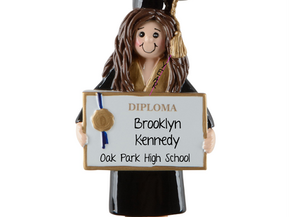 Personalized graduation girl Christmas ornament with diploma, graduate's name, school name, and graduation year.