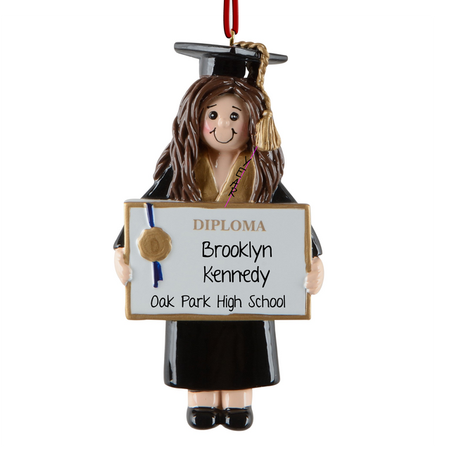 Personalized graduation girl Christmas ornament with diploma, graduate's name, school name, and graduation year.