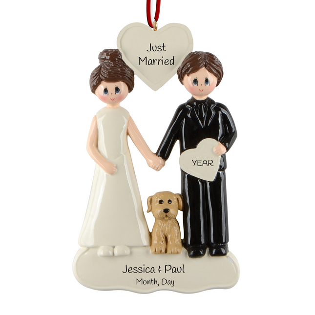 Personalized wedding couple with dog Christmas ornament featuring custom names and wedding date