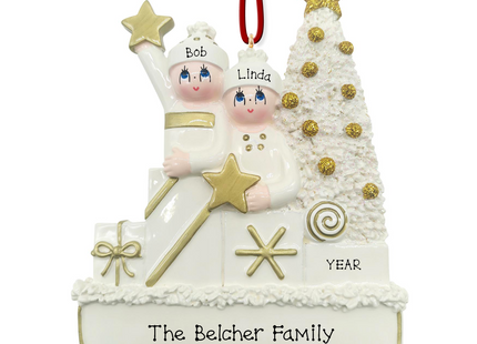 Personalized snow family Christmas ornament with 2 names, family name or message, and year