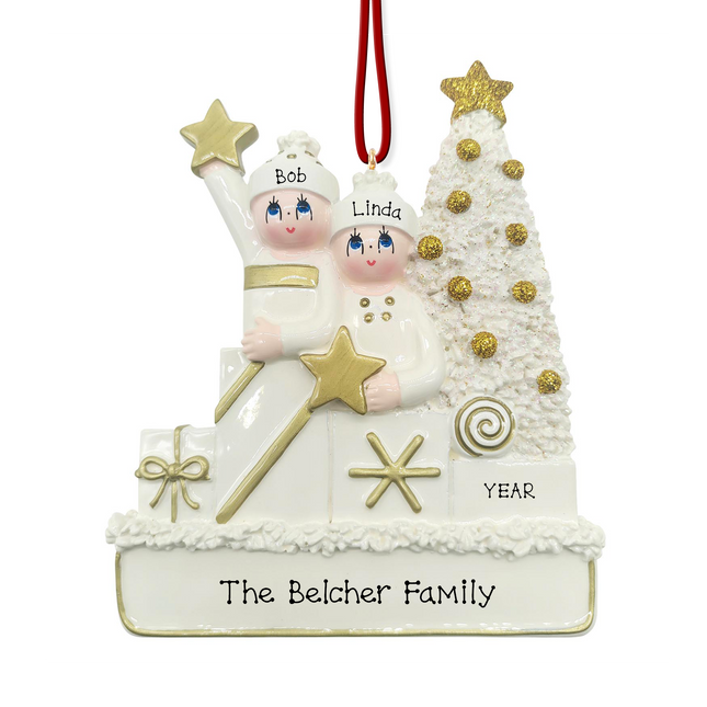 Personalized snow family Christmas ornament with 2 names, family name or message, and year