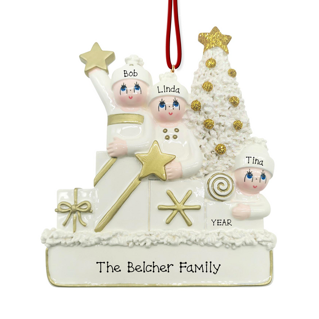 Personalized snow family Christmas ornament with 3 names, family name or message, and year