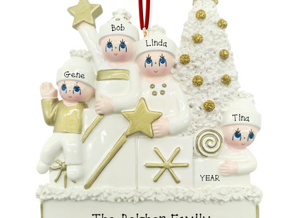 Personalized snow family Christmas ornament with 4 names, family name or message, and year