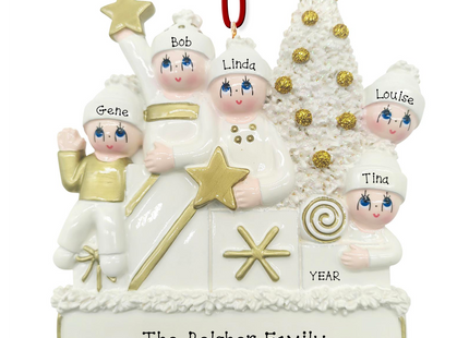 Personalized snow family Christmas ornament with 5 names, family name or message, and year