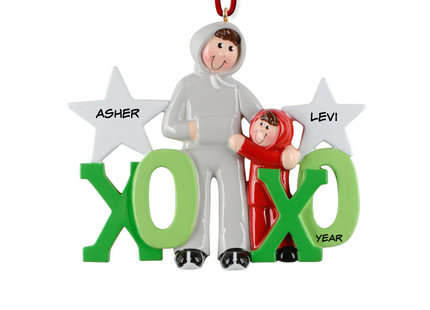 Personalized brothers XOXO Christmas ornament with two custom names and year.