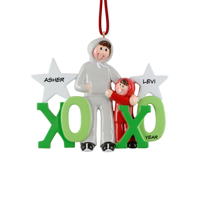 Personalized brothers XOXO Christmas ornament with two custom names and year.