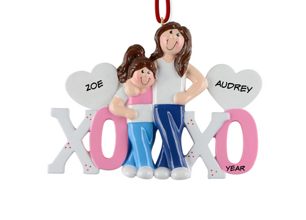 Personalized sisters XOXO Christmas ornament with two custom names and year.