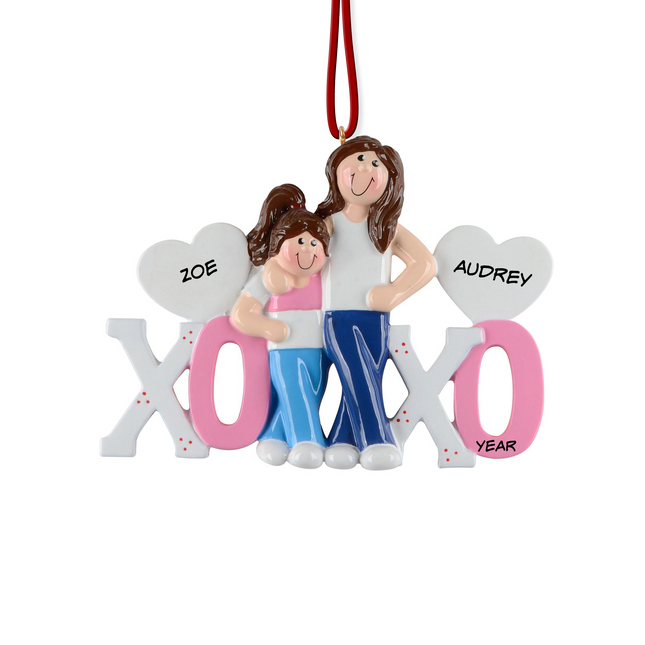 Personalized sisters XOXO Christmas ornament with two custom names and year.