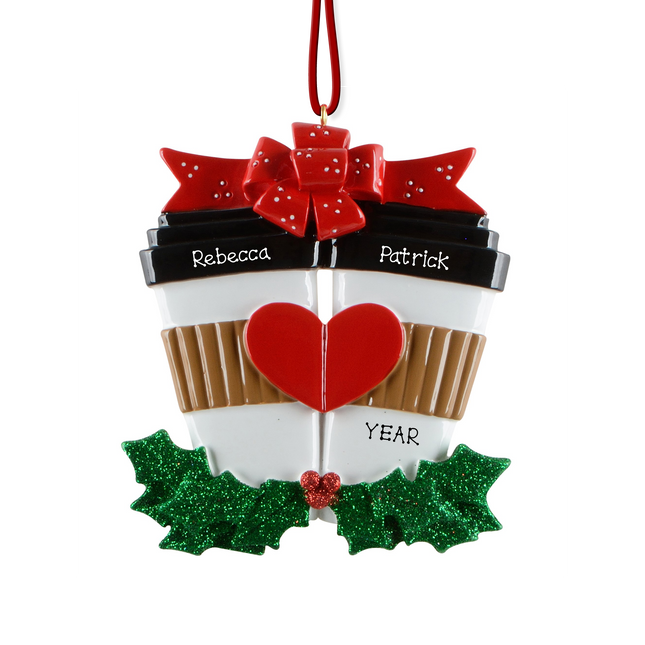 Personalized coffee couple Christmas ornament with two custom names and year featuring festive coffee cups joined by a heart.