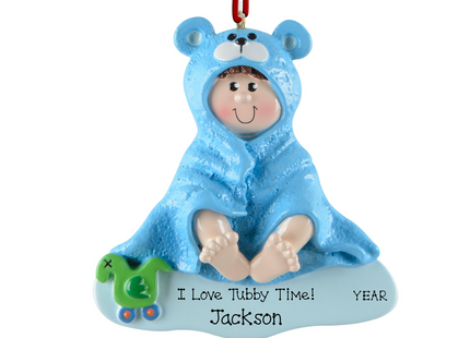 Personalized Tubby Time baby boy Christmas ornament with custom name and year featuring a baby wrapped in a blue bear hooded towel.