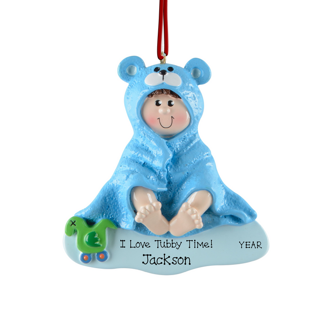 Personalized Tubby Time baby boy Christmas ornament with custom name and year featuring a baby wrapped in a blue bear hooded towel.