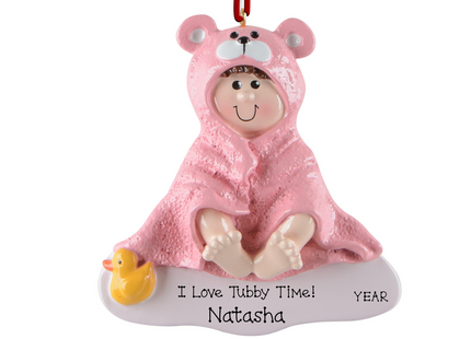 Personalized Tubby Time baby girl Christmas ornament with custom name and year featuring a baby wrapped in a pink bear hooded towel and rubber duck.