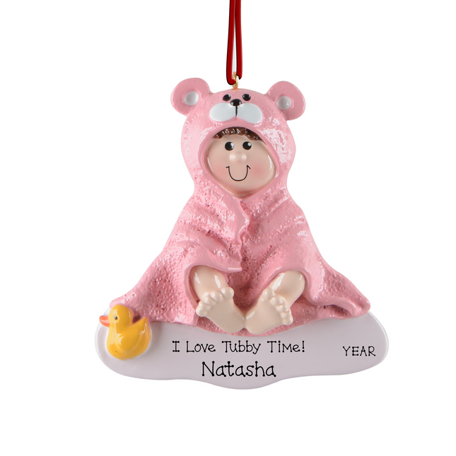 Personalized Tubby Time baby girl Christmas ornament with custom name and year featuring a baby wrapped in a pink bear hooded towel and rubber duck.