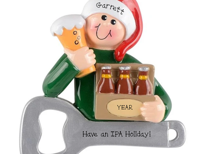Personalized beer lover Christmas ornament featuring a person wearing a Santa hat holding a beer mug and six-pack with bottle opener, custom name and year.