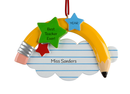Personalized Best Teacher Ever Christmas ornament with custom teacher name and year featuring a pencil, notebook paper, and colorful stars.
