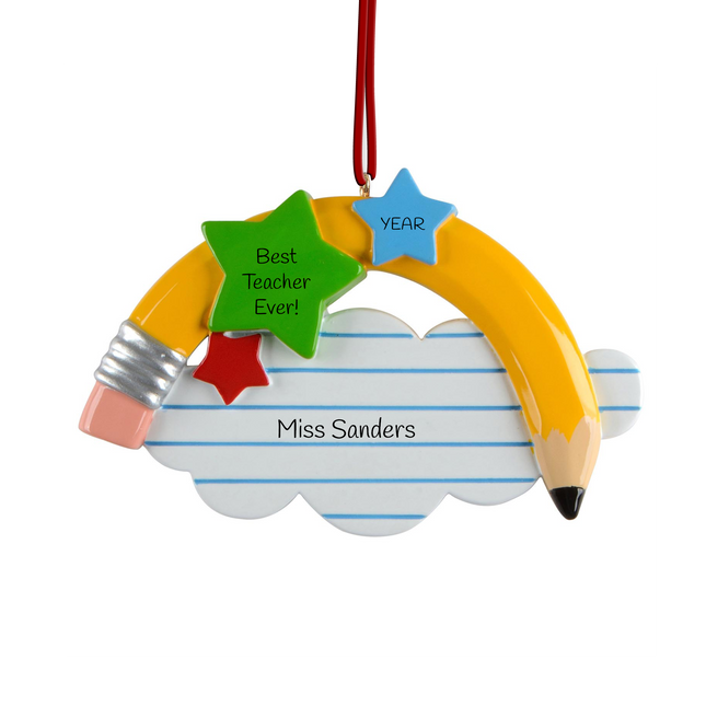 Personalized Best Teacher Ever Christmas ornament with custom teacher name and year featuring a pencil, notebook paper, and colorful stars.