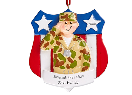 Personalized Army soldier Christmas ornament with custom rank, name, and year featuring a saluting soldier in camouflage.