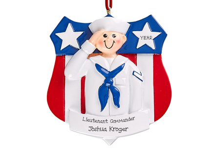 Personalized Navy sailor Christmas ornament with custom rank, name, and year featuring a saluting sailor in white dress uniform.