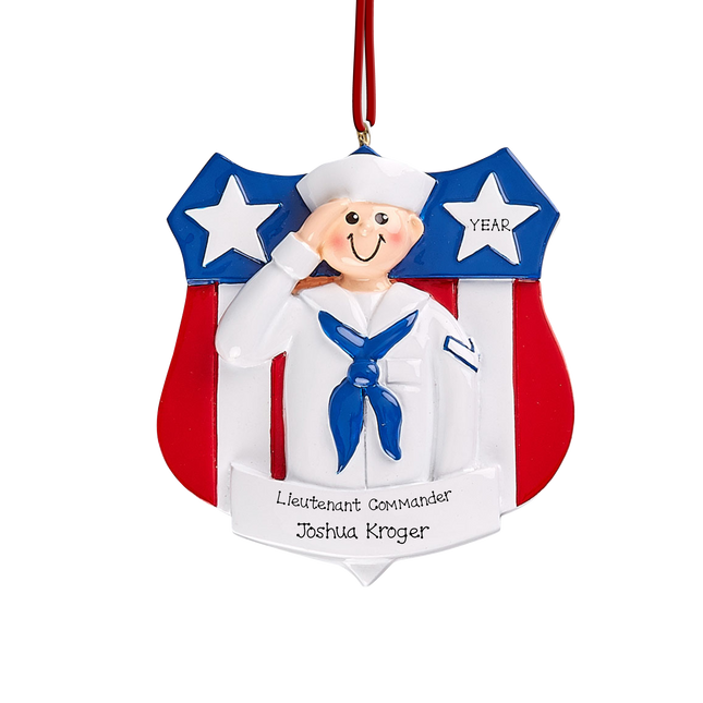 Personalized Navy sailor Christmas ornament with custom rank, name, and year featuring a saluting sailor in white dress uniform.