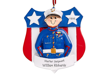 Personalized Marine Corps Christmas ornament with custom rank, name, and year featuring a Marine in dress blue uniform.