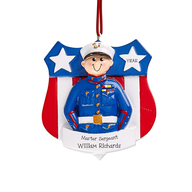 Personalized Marine Corps Christmas ornament with custom rank, name, and year featuring a Marine in dress blue uniform.