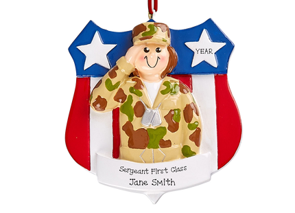 Personalized female Army soldier Christmas ornament with custom rank, name, and year featuring a saluting soldier in camouflage.
