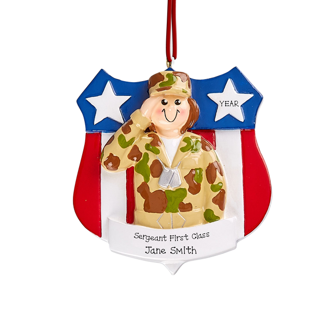 Personalized female Army soldier Christmas ornament with custom rank, name, and year featuring a saluting soldier in camouflage.