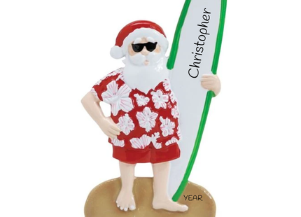 Personalized Surfing Santa Christmas ornament featuring Santa in a Hawaiian shirt and sunglasses holding a surfboard with custom name, year, and message.