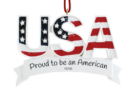 Personalized USA patriotic Christmas ornament with custom message and year featuring American flag USA lettering.