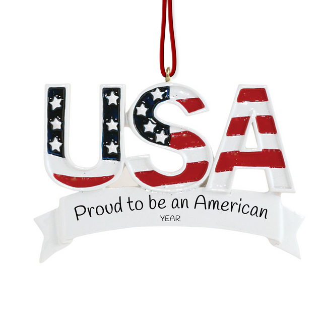 Personalized USA patriotic Christmas ornament with custom message and year featuring American flag USA lettering.