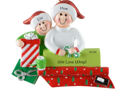 Personalized gift wrapping Christmas ornament with two custom names and year featuring two people wrapping holiday presents.