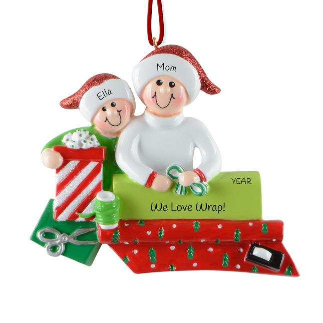 Personalized gift wrapping Christmas ornament with two custom names and year featuring two people wrapping holiday presents.