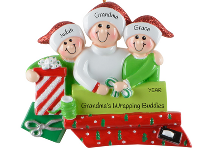 Personalized three person gift wrapping Christmas ornament with three custom names, custom message, and year featuring three people wrapping holiday presents.