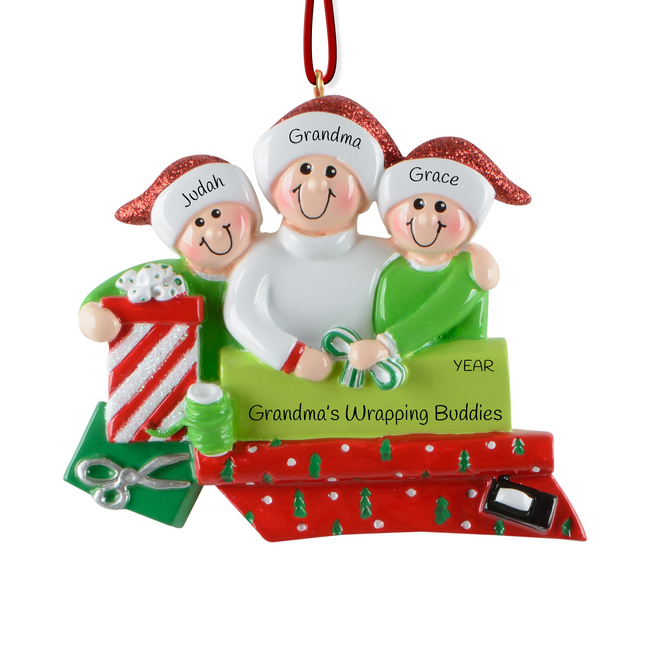 Personalized three person gift wrapping Christmas ornament with three custom names, custom message, and year featuring three people wrapping holiday presents.
