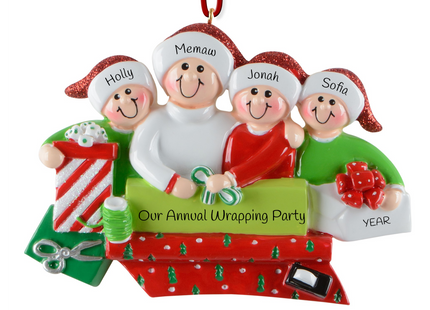 Personalized four person gift wrapping Christmas ornament with four custom names, custom message, and year featuring four people wrapping holiday presents.
