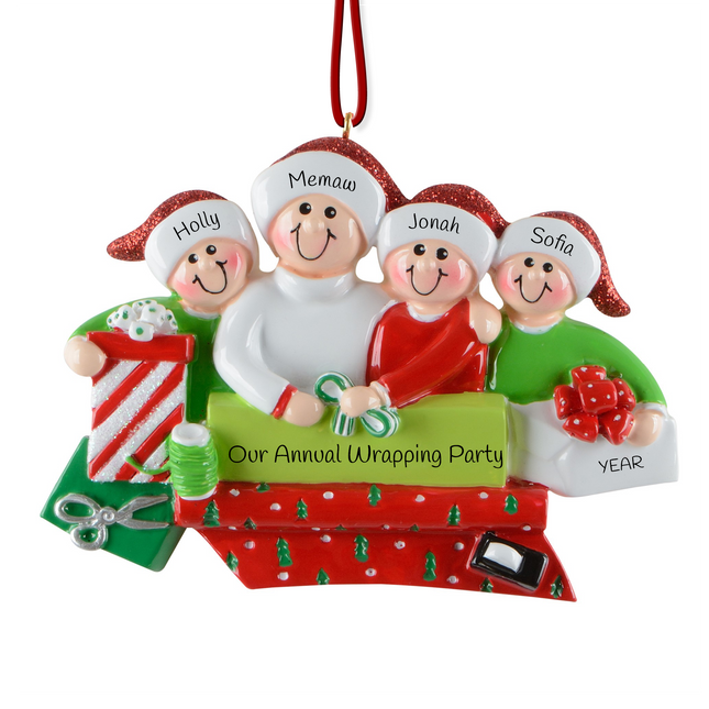 Personalized four person gift wrapping Christmas ornament with four custom names, custom message, and year featuring four people wrapping holiday presents.