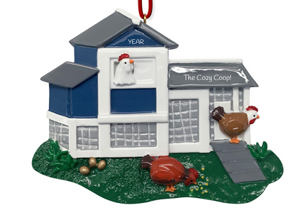 Personalized chicken coop Christmas ornament with custom coop name or name of the chicken loving member of your family, along with year featuring hens, eggs, and a backyard chicken coop.