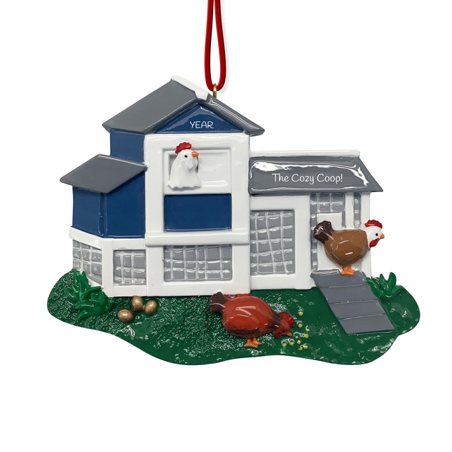 Personalized chicken coop Christmas ornament with custom coop name or name of the chicken loving member of your family, along with year featuring hens, eggs, and a backyard chicken coop.