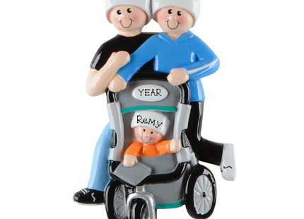 Personalized parents and baby stroller Christmas ornament with three custom names and year featuring a family walking with a baby stroller.
