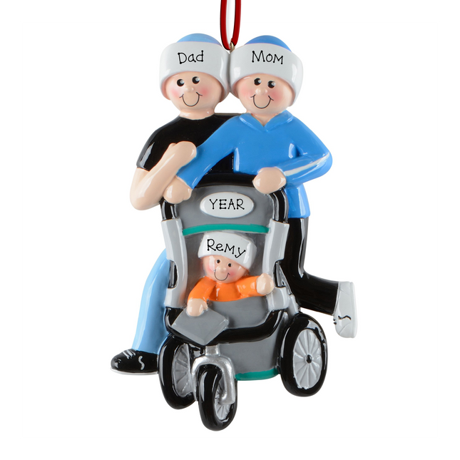 Personalized parents and baby stroller Christmas ornament with three custom names and year featuring a family walking with a baby stroller.