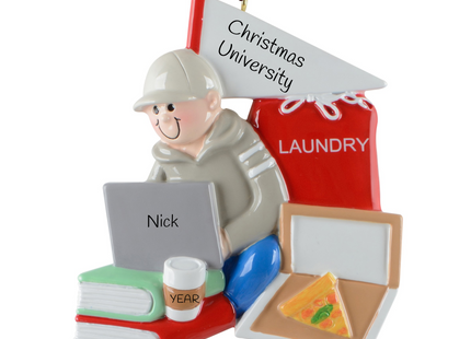 Personalized college student Christmas ornament with custom name, school name, and year featuring a student with a laptop, books, pizza, coffee, laundry bag, and moving box.