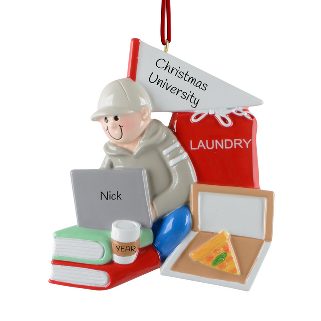 Personalized college student Christmas ornament with custom name, school name, and year featuring a student with a laptop, books, pizza, coffee, laundry bag, and moving box.