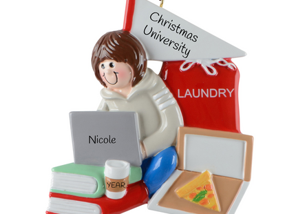 Personalized female college student Christmas ornament with custom name, school name, and year featuring a student with a laptop, books, pizza, coffee, laundry bag, and moving box.