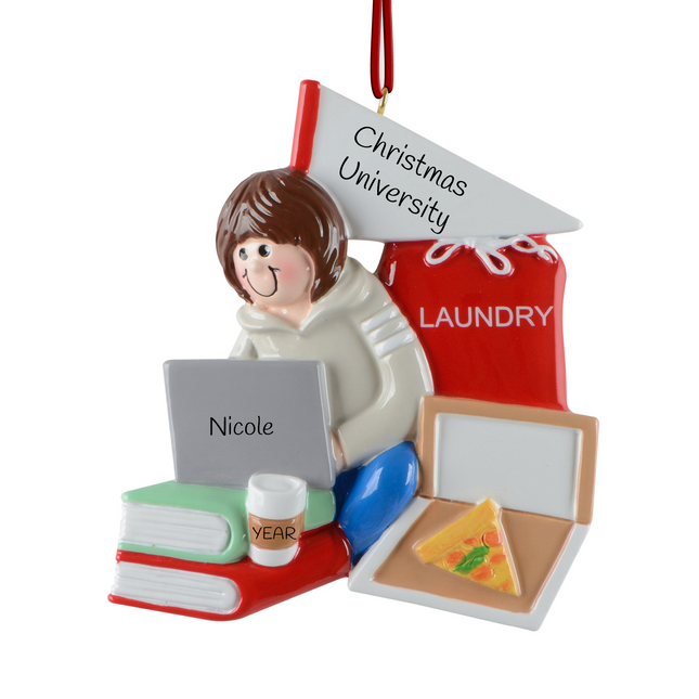 Personalized female college student Christmas ornament with custom name, school name, and year featuring a student with a laptop, books, pizza, coffee, laundry bag, and moving box.