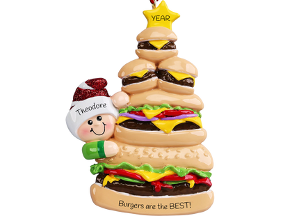 Personalized burger lover Christmas ornament with custom name, custom message, and year featuring a towering stack of cheeseburgers.