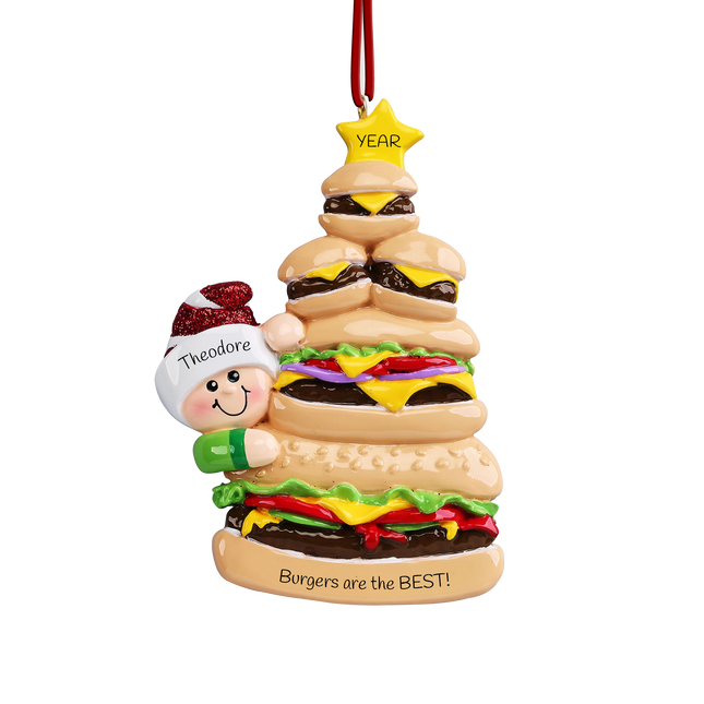 Personalized burger lover Christmas ornament with custom name, custom message, and year featuring a towering stack of cheeseburgers.
